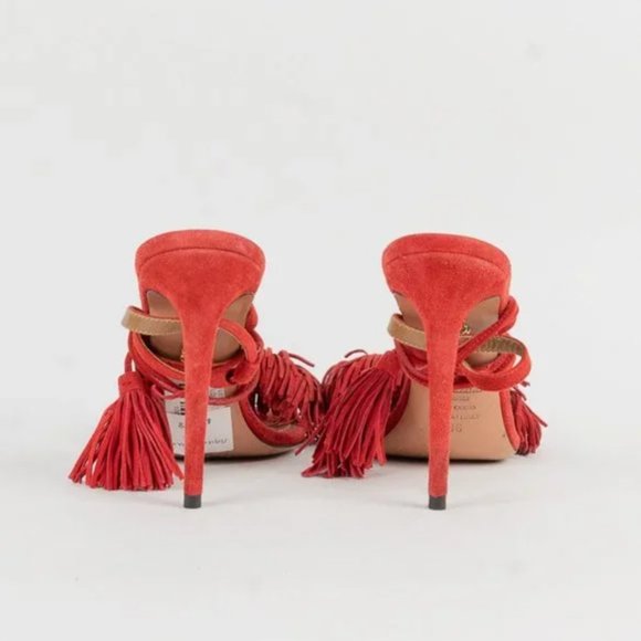 Aquazzura Wild Thing Red Suede Tassel Sandals - Picture 3 of 7